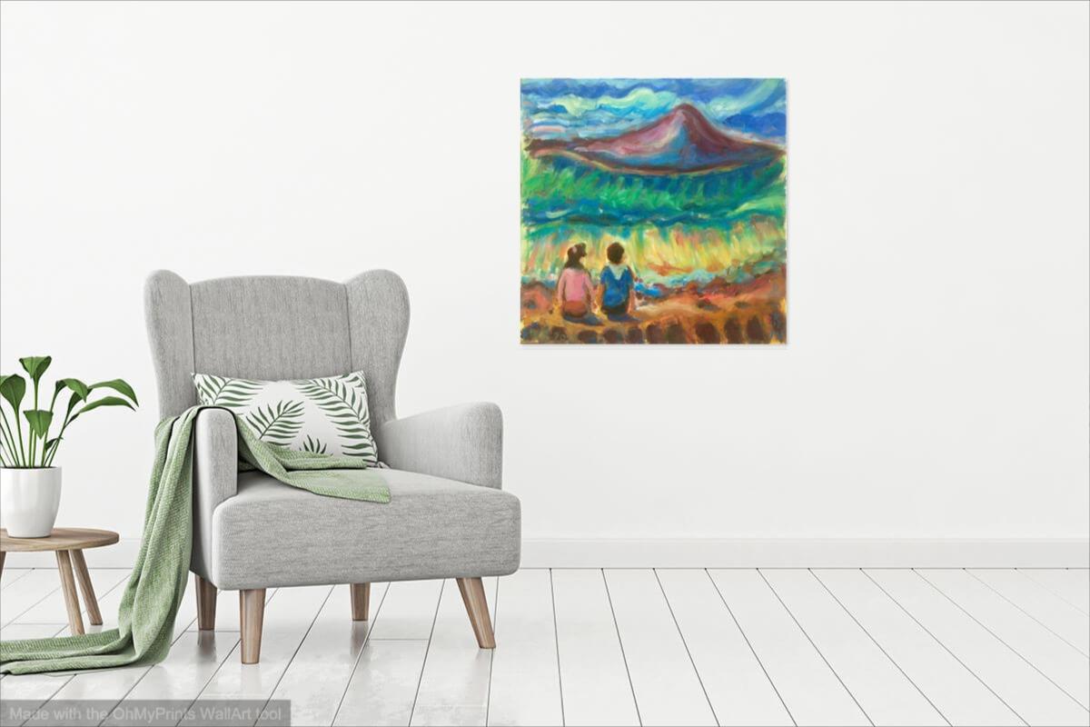 Wave Watch- Whimsical Painting, Seascape, Beach, Waves, Mountain, Surreal Landscape, Impressionist, Korea, Couple, Colorful Art, Jeju Island