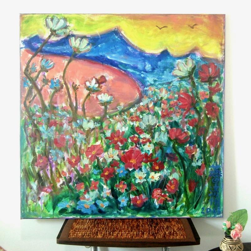 Wild Flowers -Bright Impressionist Korean Landscape Painting Fine Art of whimsical floral mountain lake in colorful Jeju Island nature hike