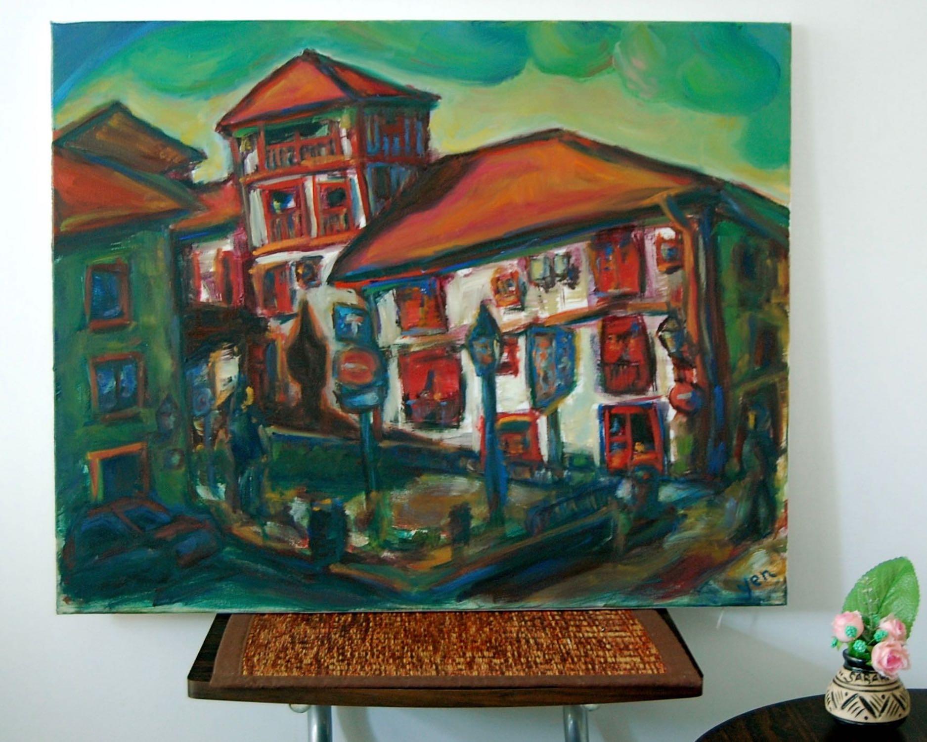 Windows of the Heart - Spain Camino de Santiago red houses oil painting, Spanish architecture expressionist art in Chagall whimsical style