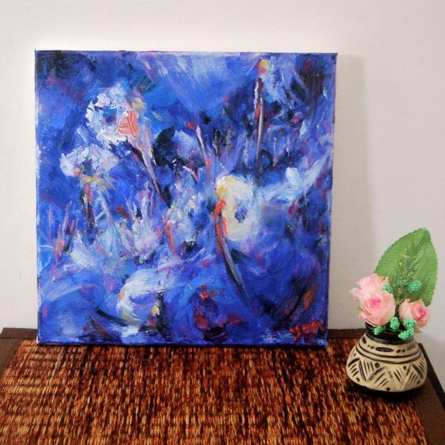 Winter Blooms -Blue Abstract Painting, Icelandic Nature, Snow Landscape, Original Art, Beautiful Oil Artwork, Impressionist Flowers, Seasons