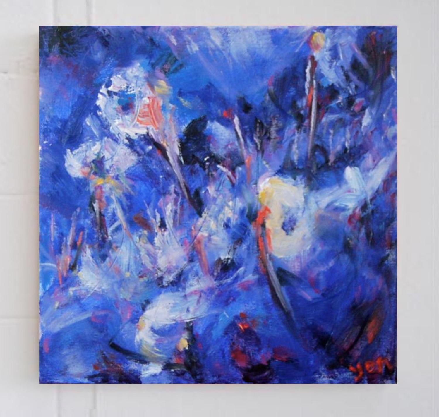 Winter Blooms -Blue Abstract Painting, Icelandic Nature, Snow Landscape, Original Art, Beautiful Oil Artwork, Impressionist Flowers, Seasons