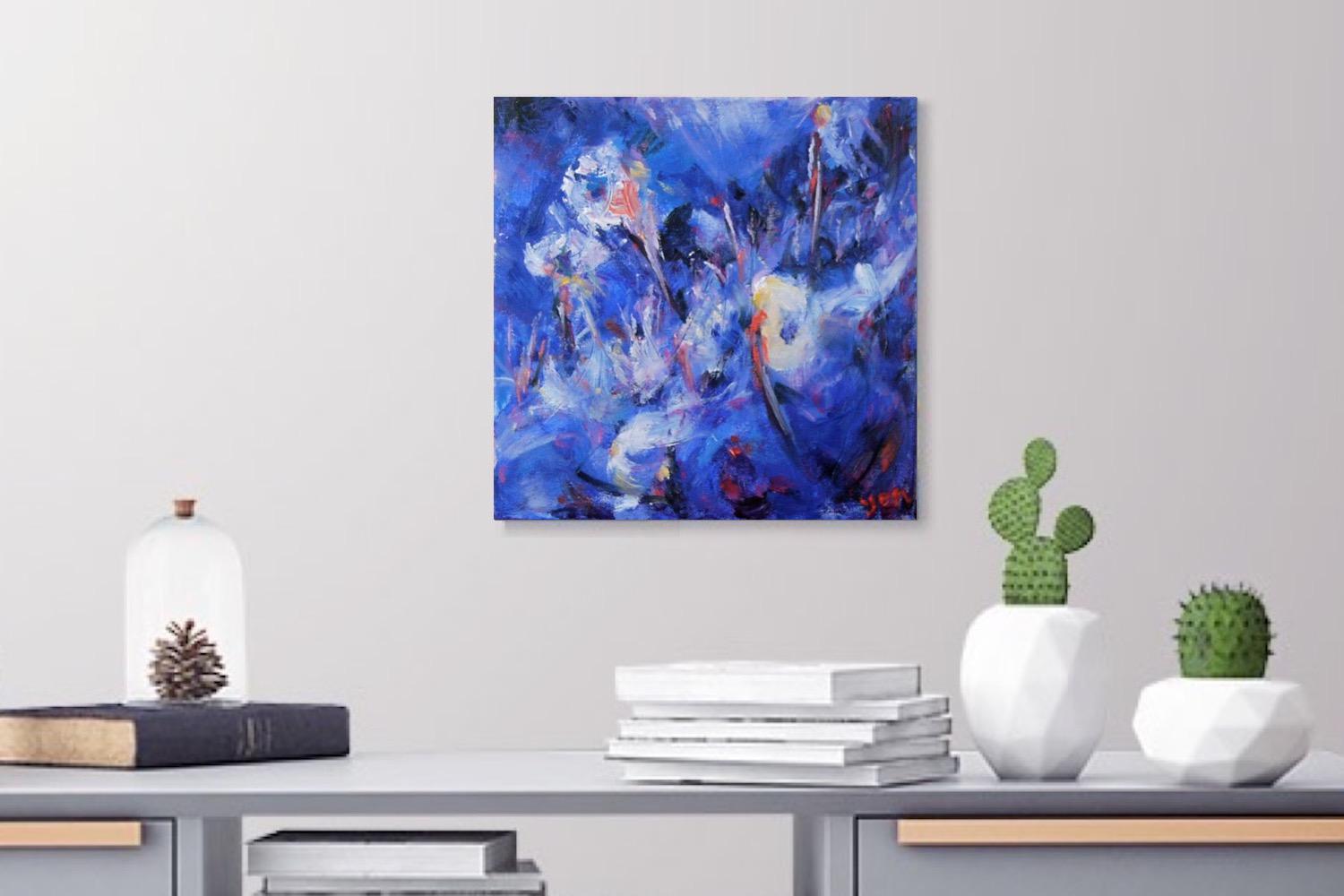 Winter Blooms -Blue Abstract Painting, Icelandic Nature, Snow Landscape, Original Art, Beautiful Oil Artwork, Impressionist Flowers, Seasons