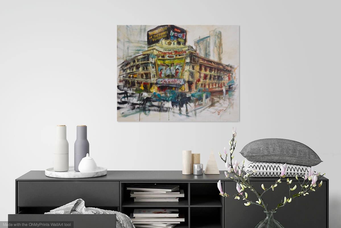 Yesteryear - Capitol Cinema Painting Art, original canvas artwork in abstract impressionist style of Singapore architectural landmark icon