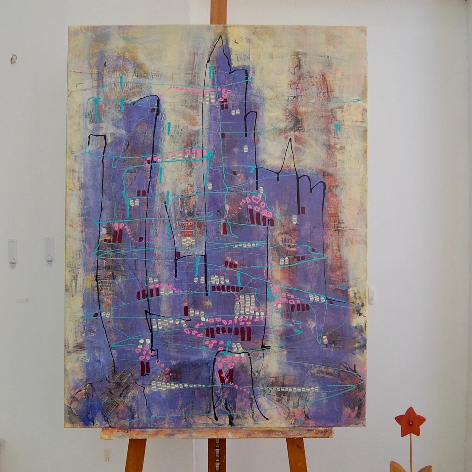 Whimsical Metropolis - Original Abstract Painting on Canvas - Surreal Art for Home Decor - Fantasy City Mood - Unique Cityscape - Blue Art