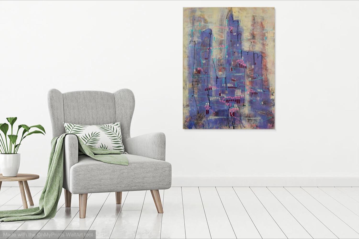 Whimsical Metropolis - Original Abstract Painting on Canvas - Surreal Art for Home Decor - Fantasy City Mood - Unique Cityscape - Blue Art