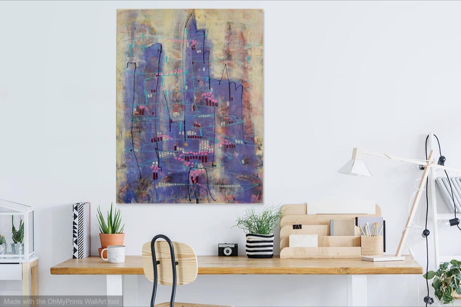 Whimsical fantasy city mood abstract painting on canvas original art, a surreal metropolis artwork with gestural lines, collage and etchings
