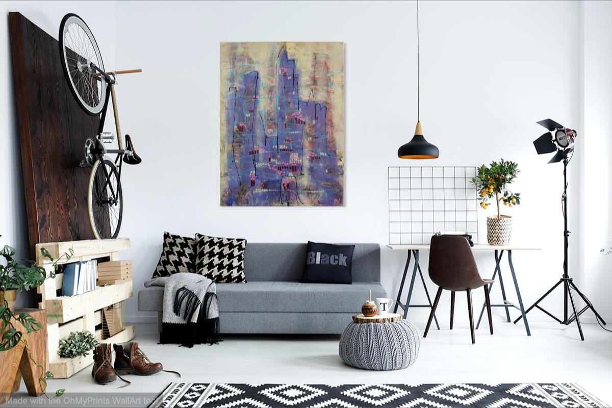 Whimsical Metropolis - Original Abstract Painting on Canvas - Surreal Art for Home Decor - Fantasy City Mood - Unique Cityscape - Blue Art