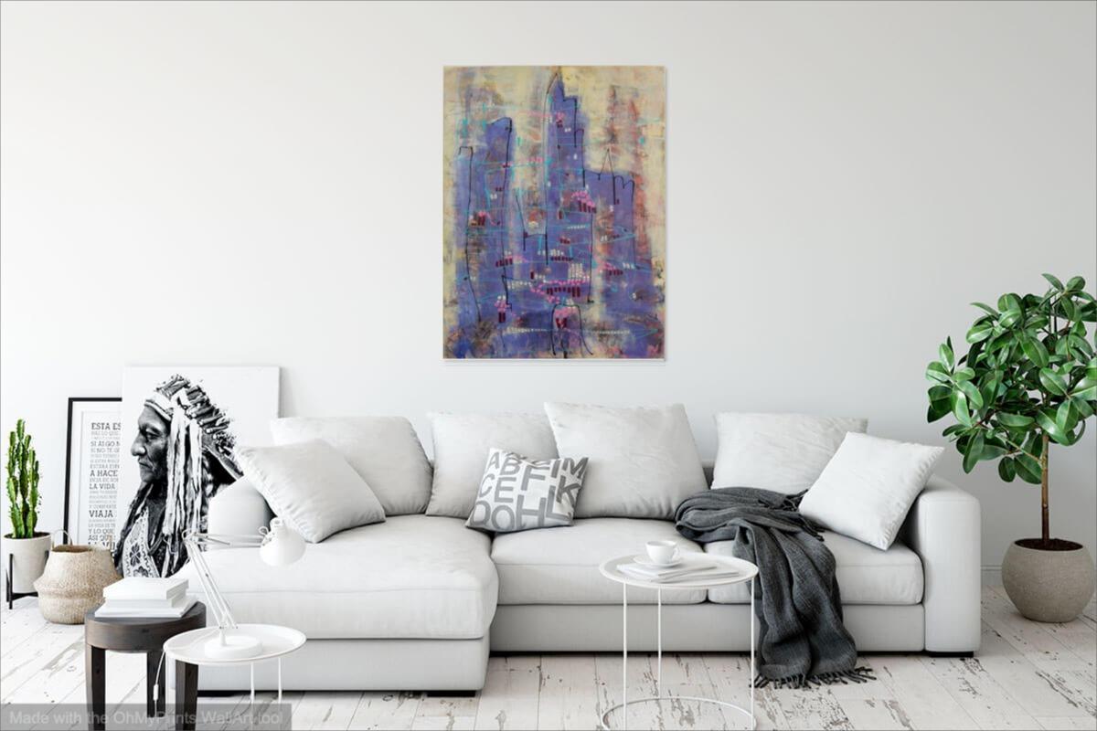 Whimsical Metropolis - Original Abstract Painting on Canvas - Surreal Art for Home Decor - Fantasy City Mood - Unique Cityscape - Blue Art