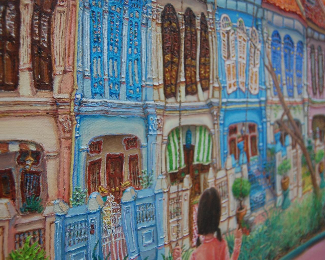 Emerald Hill Shophouses Oil Painting: Singapore Peranakan Heritage Street at Orchard Road with Little Nonya Girl on Swing