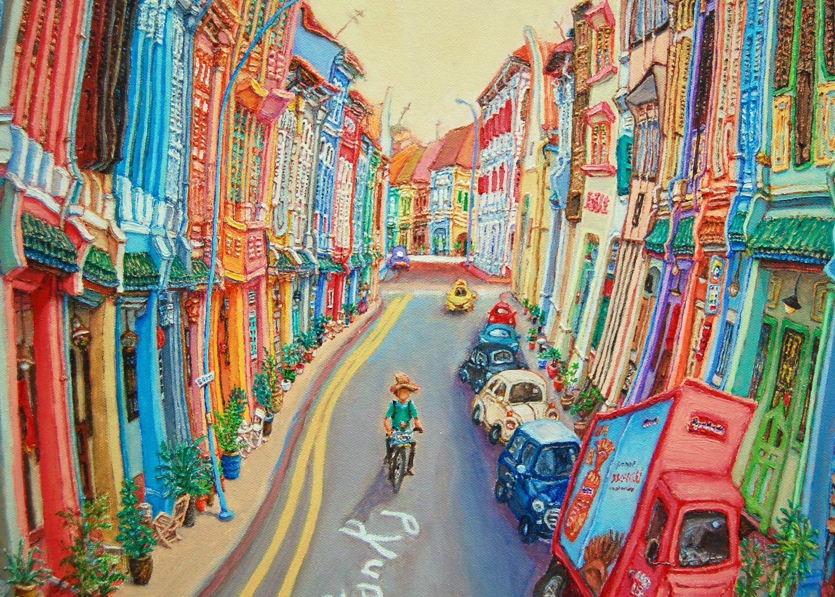 Original Singapore Shophouse Oil Painting, Everton Road Peranakan Art, Hand Painted Heritage Street Scene Canvas, Vibrant Asian Wall Art