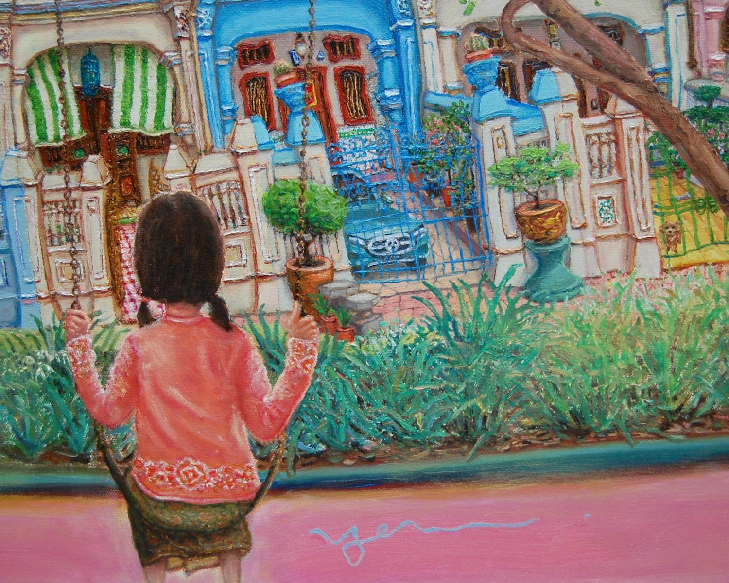 Emerald Hill Shophouses Oil Painting: Singapore Peranakan Heritage Street at Orchard Road with Little Nonya Girl on Swing