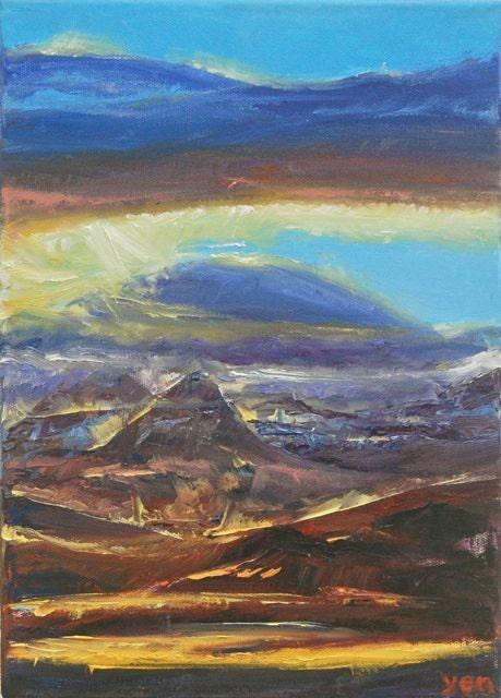 Awe -Iceland Mountain Cloud Landscape Oil Painting, small impressionist original canvas art of surreal icelandic scenery in blue and purple