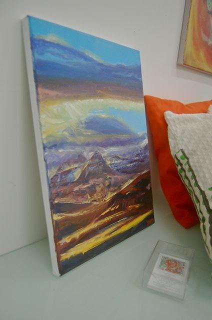 Awe -Iceland Mountain Cloud Landscape Oil Painting, small impressionist original canvas art of surreal icelandic scenery in blue and purple