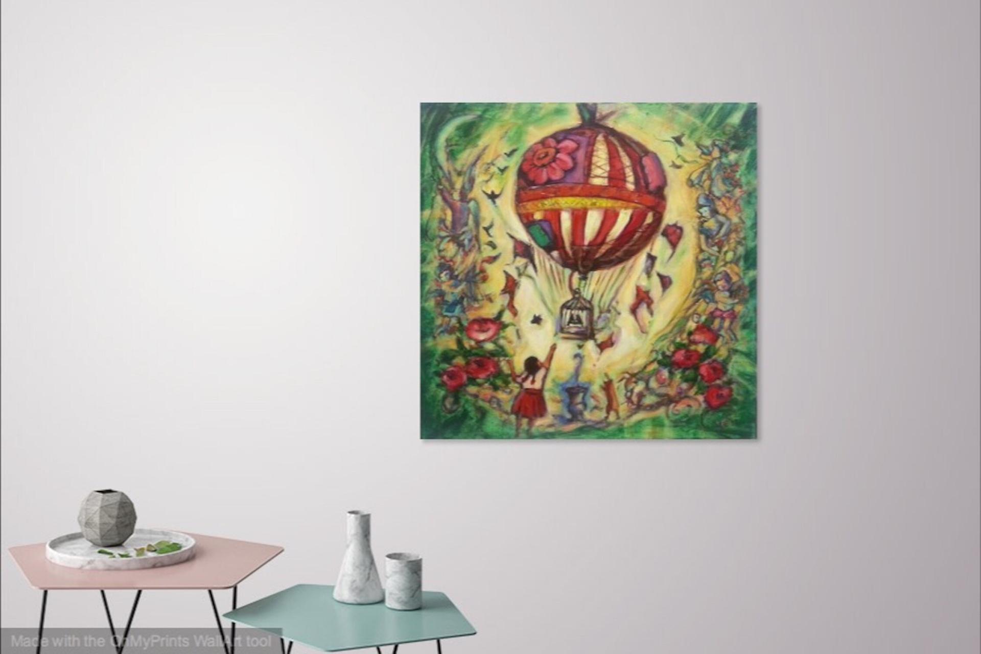 Up And Away -Whimsical Vintage Hot Air Balloon Original Painting with little girl & cat, birdcage, angels, roses, in sweet fairytale fantasy