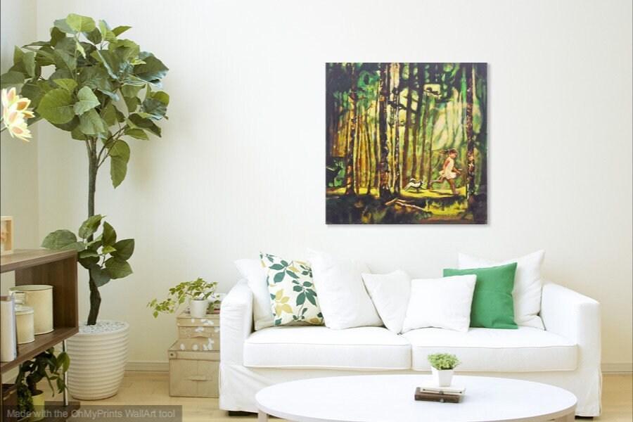 Magic Forest Trees Landscape Original Art Canvas Painting with running little Girl and Dog on a sunlight path of whimsical woods and animals