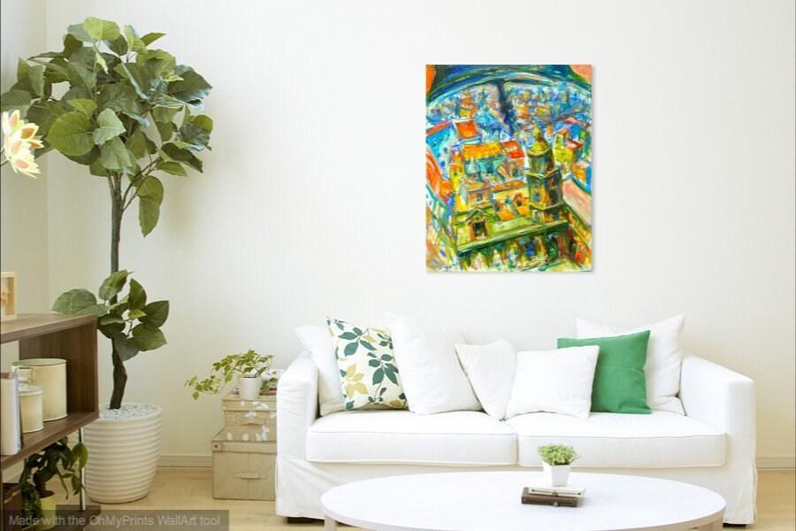 Bell City - Spain Cadiz Oil Painting, bright original impressionist semi-abstract art of surreal Spanish architectural landscape scenery