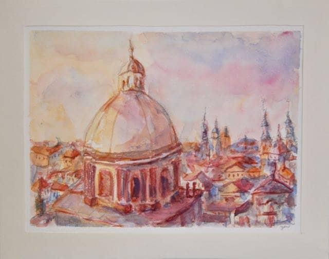 Prague Dome Cityscape - Original Watercolor Impressionist Landscape Painting Fine Art, Warm, European, Czech, Sunset, Architectural, Pastel