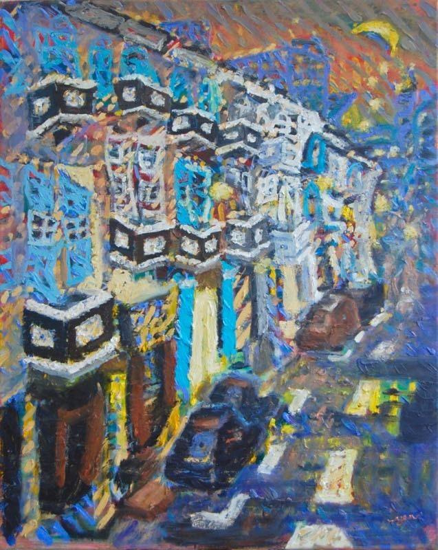 Chinatown Blues - Original Oil Canvas Painting of Singapore City - Impasto Van Gogh Style - Vibrant Heritage Street - Peranakan Shophouses