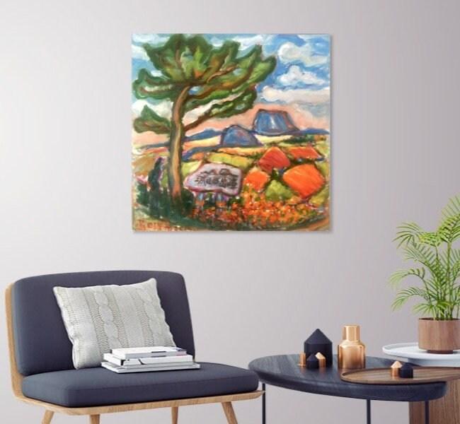 Seongsan Tree Landscape Art Painting of Korea Jeju Island Nature Scenery, colorful impressionist fine art in van gogh style of Olle Trail