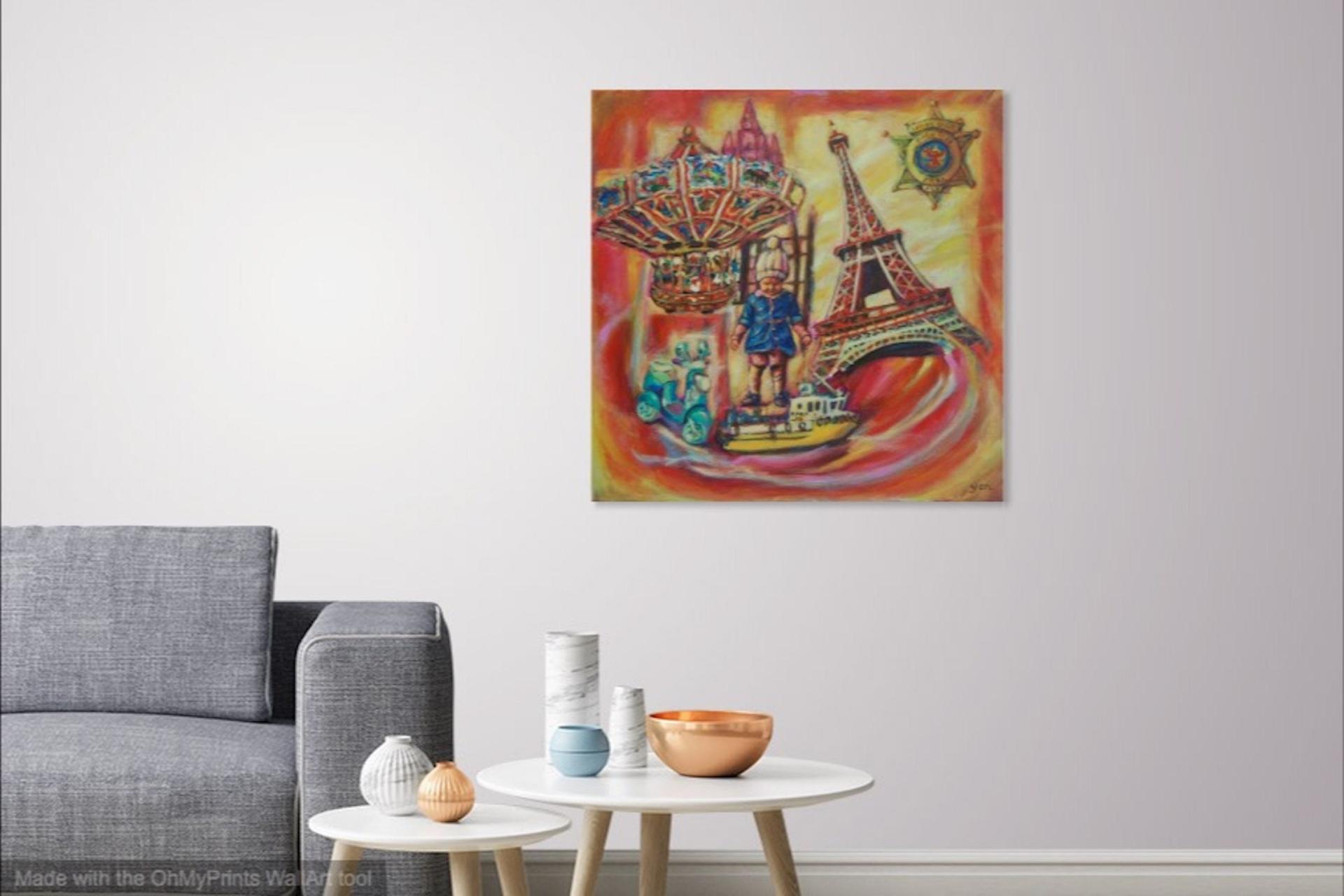 Boat in Paris Whimsical Eiffel Tower Painting - Colorful Surreal Art with Child and Vintage Toys - Playful Fantasy Art - Dreamlike Scene