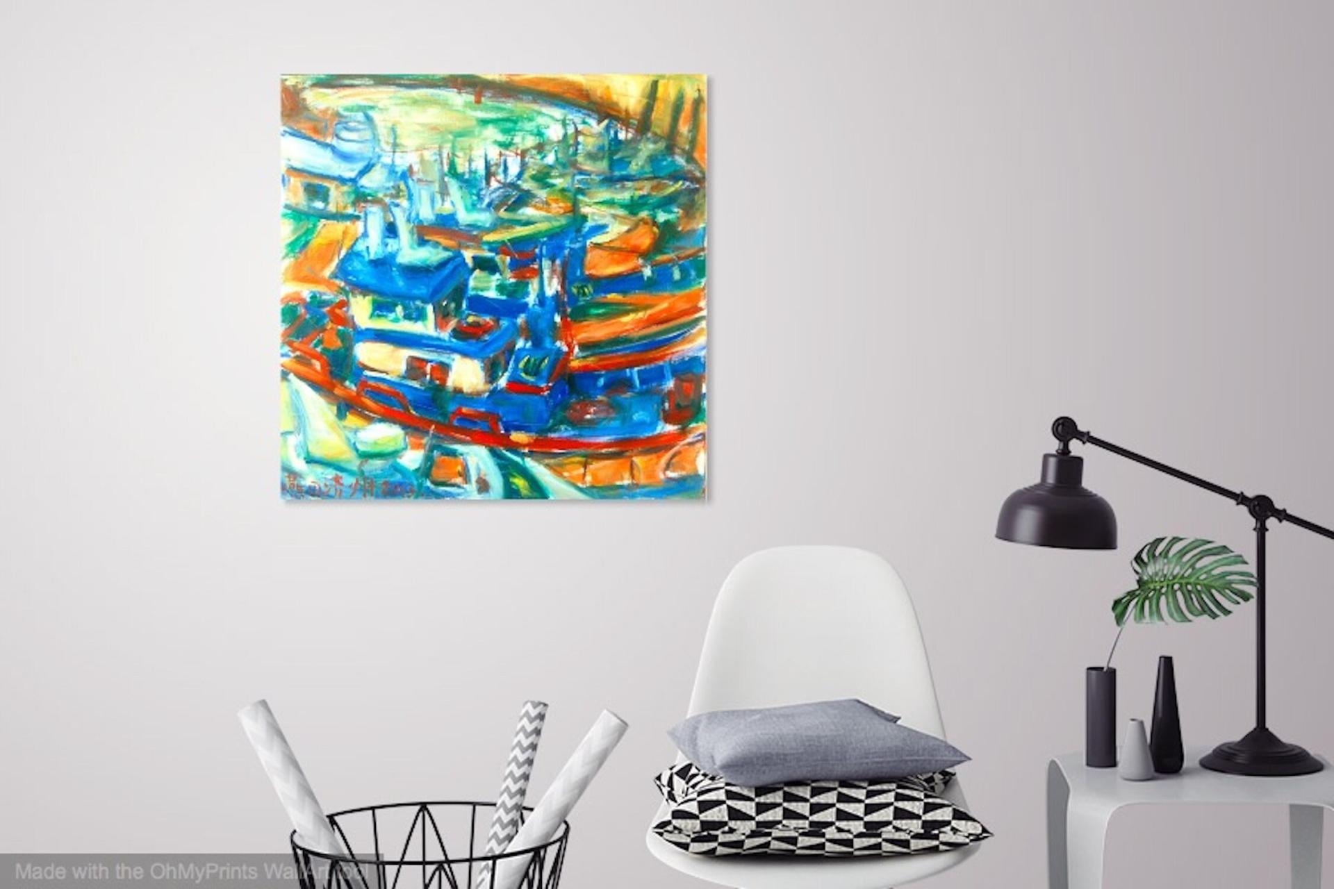 Jeju Boats - Abstract Impressionist Original Oil Painting Fine Art of korean fishing boats, blue sea art in colorful vibrant whimsical style