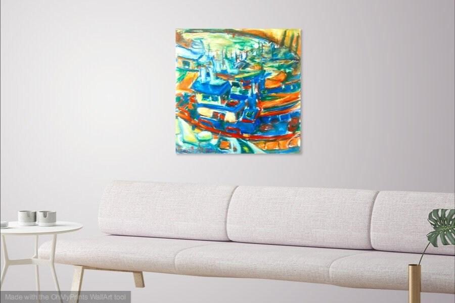 Jeju Boats - Abstract Impressionist Original Oil Painting Fine Art of korean fishing boats, blue sea art in colorful vibrant whimsical style