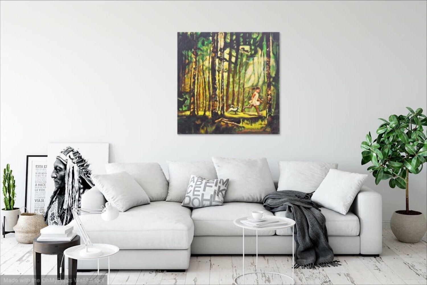 Magic Forest Trees Landscape Original Art Canvas Painting with running little Girl and Dog on a sunlight path of whimsical woods and animals