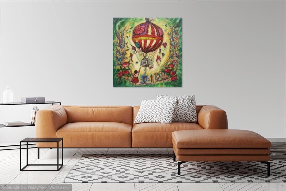 Up And Away -Whimsical Vintage Hot Air Balloon Original Painting with little girl & cat, birdcage, angels, roses, in sweet fairytale fantasy