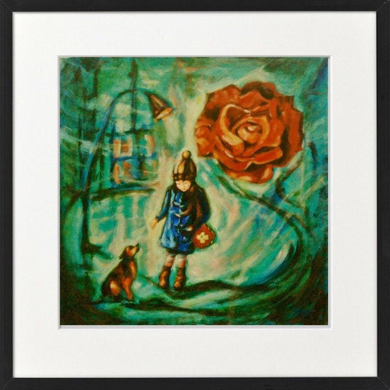 6 Whimsical Little Girl Impressionist Painting Art Prints, vintage colorful quirky cool fantasy w music cat dog dolphins at sea, european pics