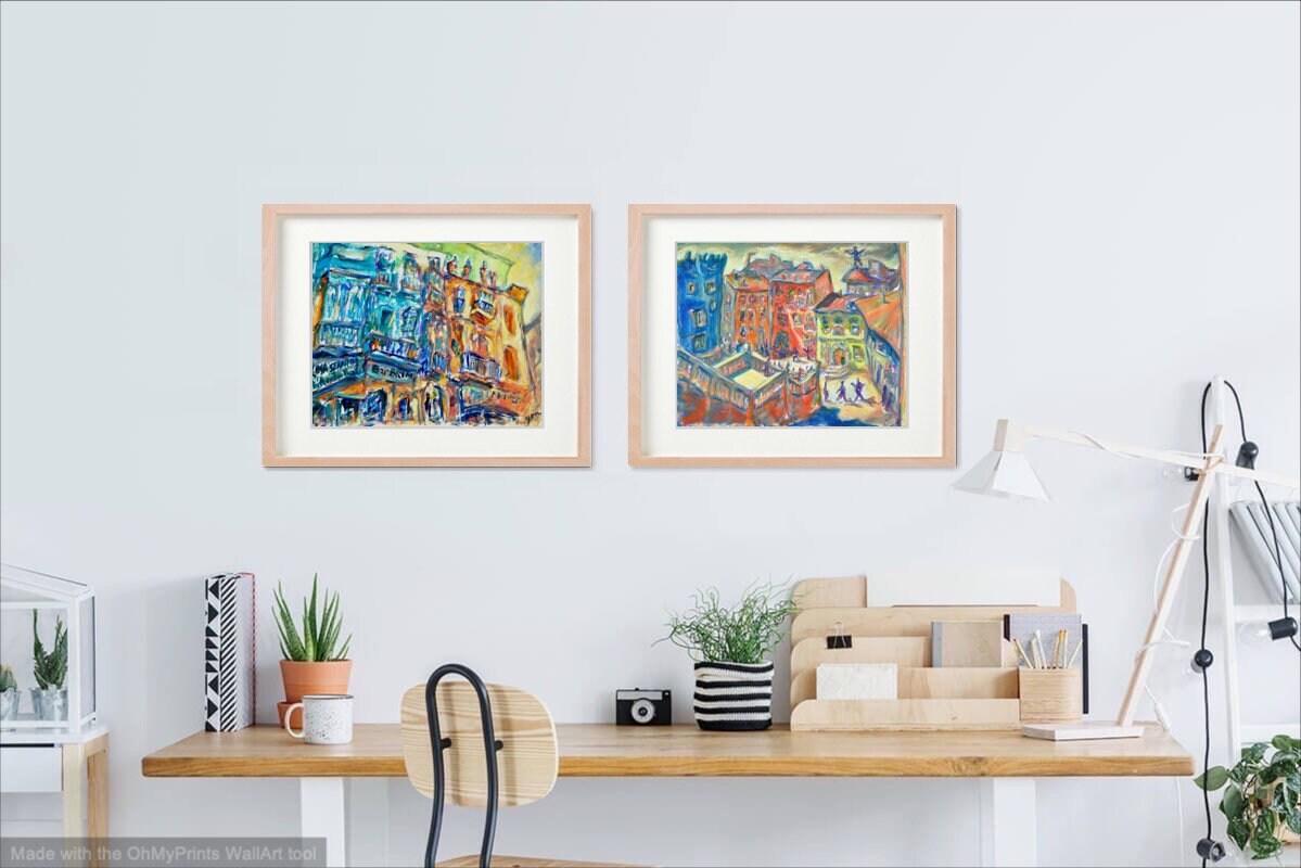 9 Camino de Santiago Art Prints - Picturesque Arrival, Spanish landscape whimsical impressionist paintings of Spain El Camino in Cezanne style