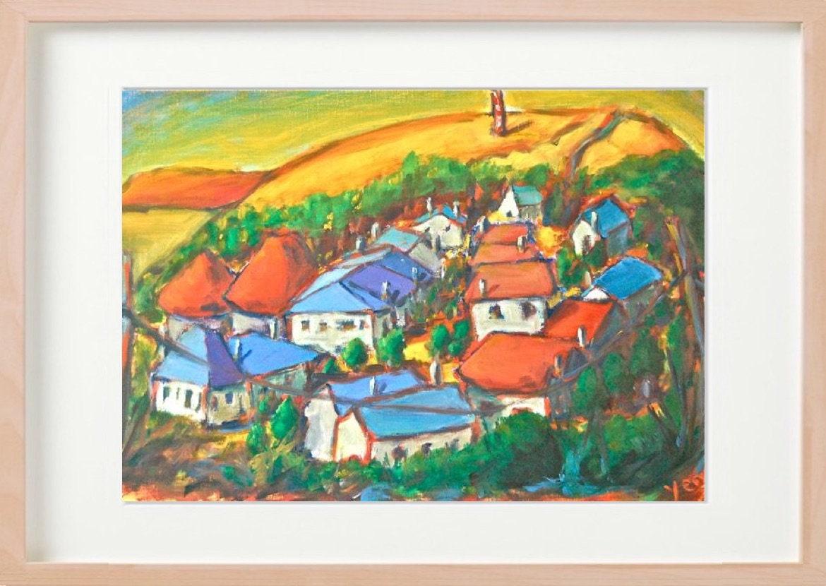 4 El Camino Art Prints - O Cebreiro Spain Village Landscape Paintings with whimsical houses in Galicia on Way of St James for hiker pilgrims