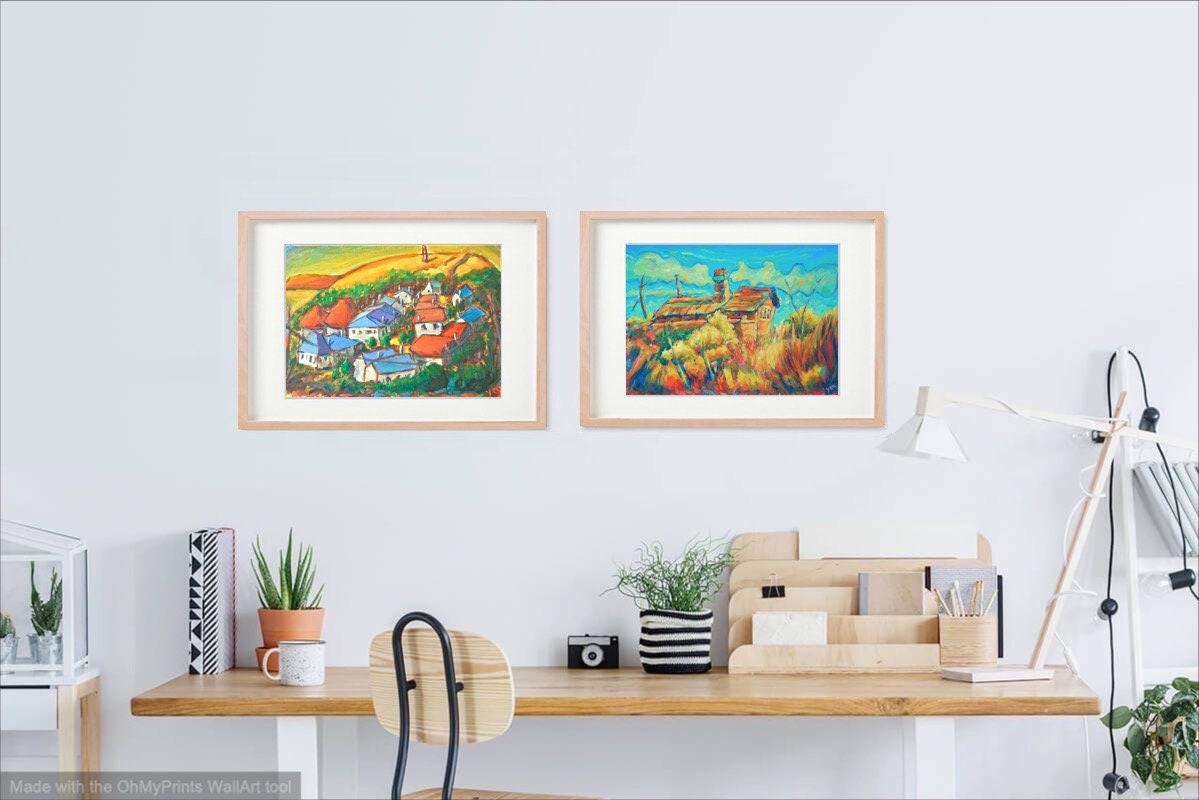 4 El Camino Art Prints - O Cebreiro Spain Village Landscape Paintings with whimsical houses in Galicia on Way of St James for hiker pilgrims