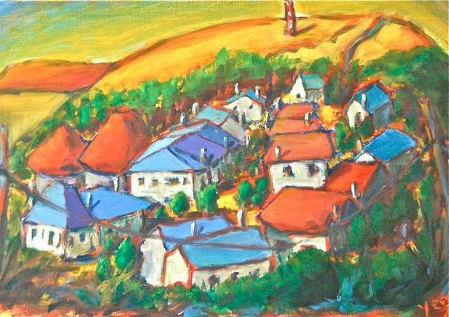 4 El Camino Art Prints - O Cebreiro Spain Village Landscape Paintings with whimsical houses in Galicia on Way of St James for hiker pilgrims