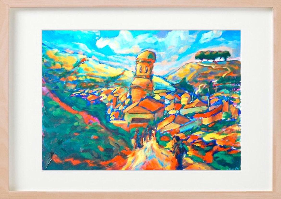 4 El Camino Art Prints - O Cebreiro Spain Village Landscape Paintings with whimsical houses in Galicia on Way of St James for hiker pilgrims