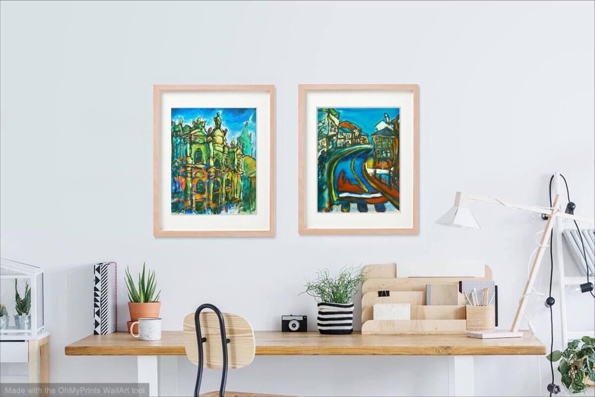 8 Spanish Art Prints - Spain camino de santiago compostela cathedral impressionist paintings of european architecture in surreal Cezanne style