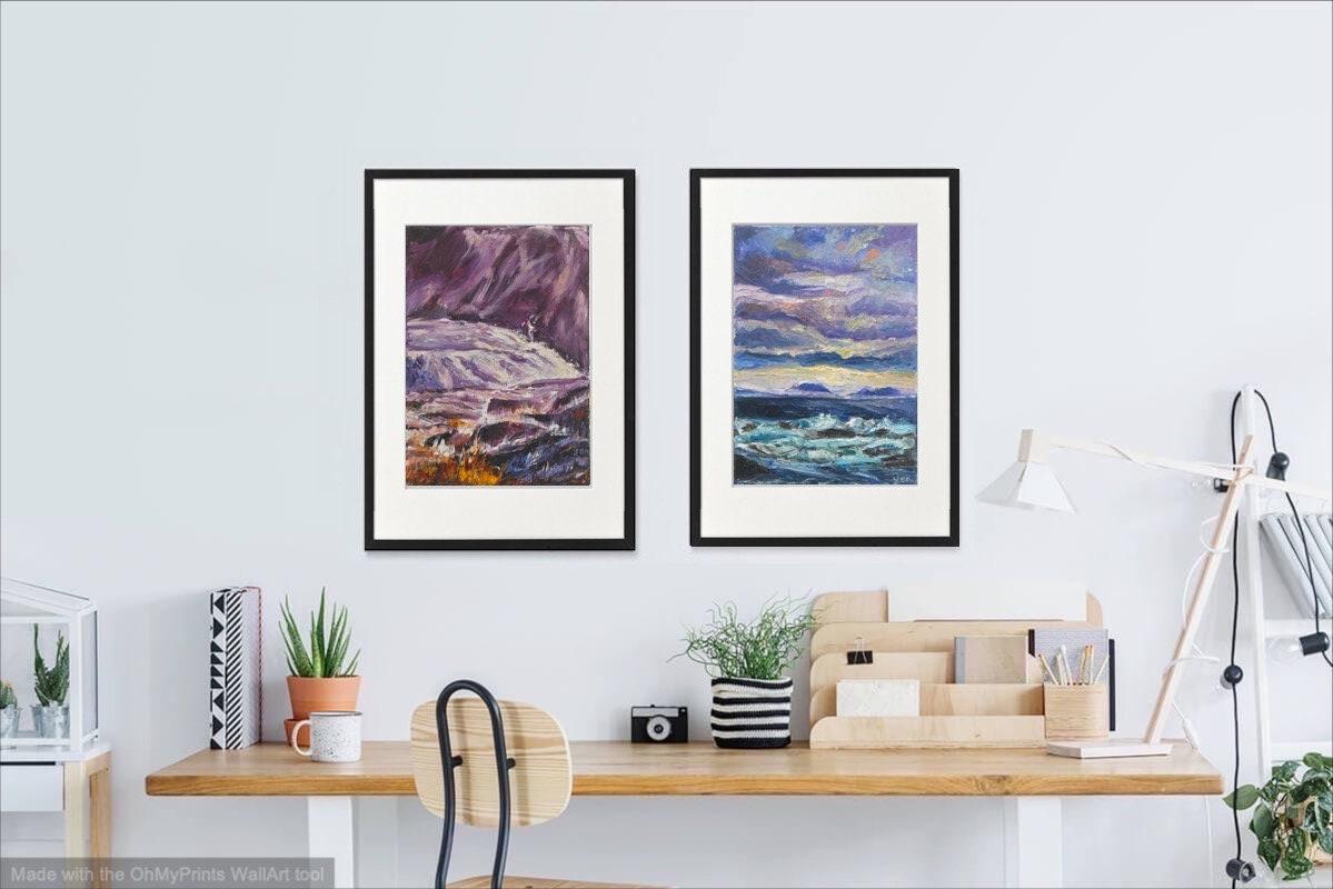 9 Icelandic Painting Art Prints - Serene Reykjavik Iceland city pic w water reflections, clouds sunset and houses in impressionist pastel blue