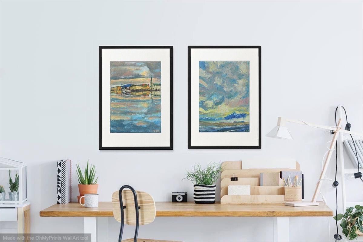 9 Icelandic Painting Art Prints - Serene Reykjavik Iceland city pic w water reflections, clouds sunset and houses in impressionist pastel blue