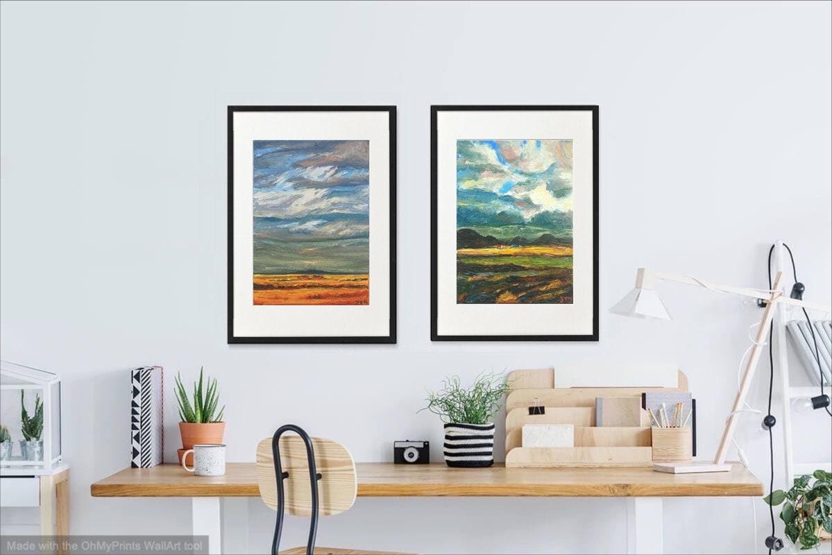 9 Icelandic Painting Art Prints - Serene Reykjavik Iceland city pic w water reflections, clouds sunset and houses in impressionist pastel blue