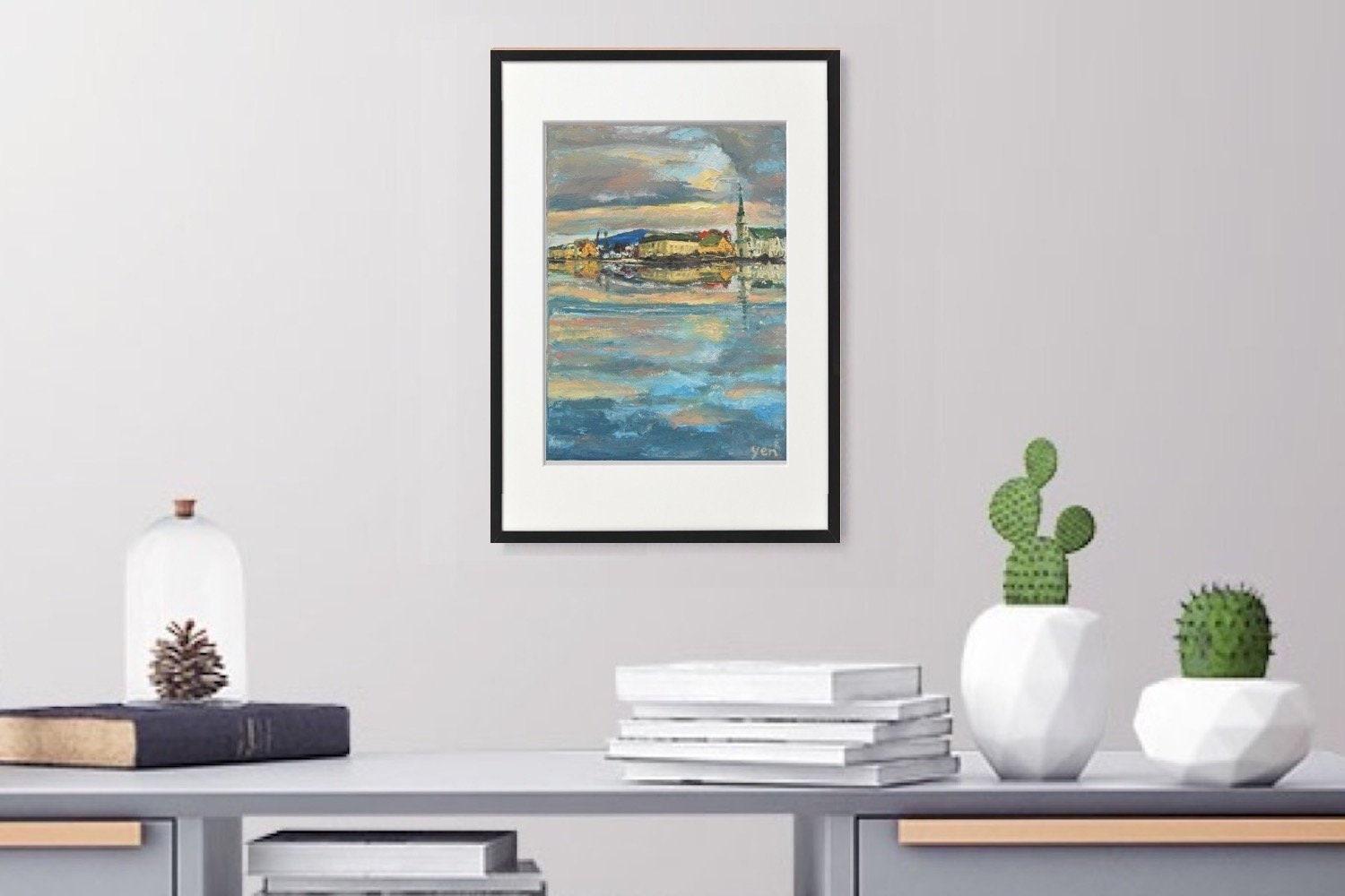 9 Icelandic Painting Art Prints - Serene Reykjavik Iceland city pic w water reflections, clouds sunset and houses in impressionist pastel blue