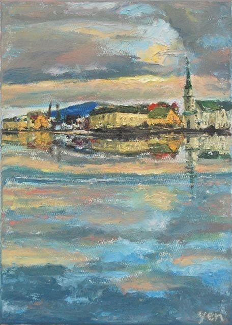 9 Icelandic Painting Art Prints - Serene Reykjavik Iceland city pic w water reflections, clouds sunset and houses in impressionist pastel blue