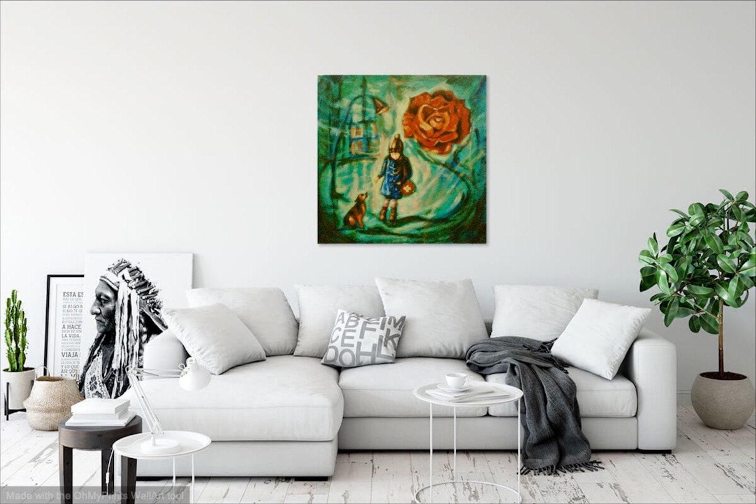 Girl & Dog - Impressionist Original Painting of whimsical city scene with vintage rose symbol and lamppost in a dreamy surreal night picture