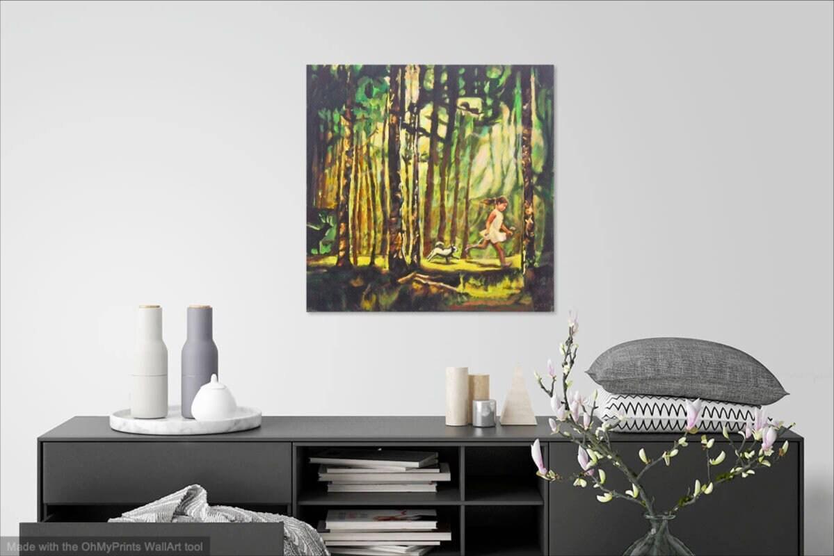 Magic Forest Trees Landscape Original Art Canvas Painting with running little Girl and Dog on a sunlight path of whimsical woods and animals