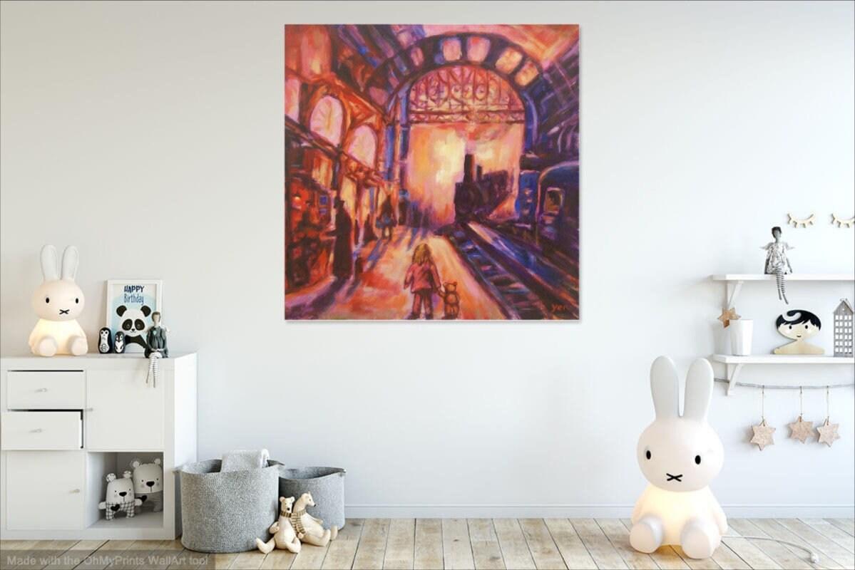 Train Station Impressionist Painting Canvas Art with little Girl and Teddy Bear in Monet style bright orange, original whimsical acrylic art