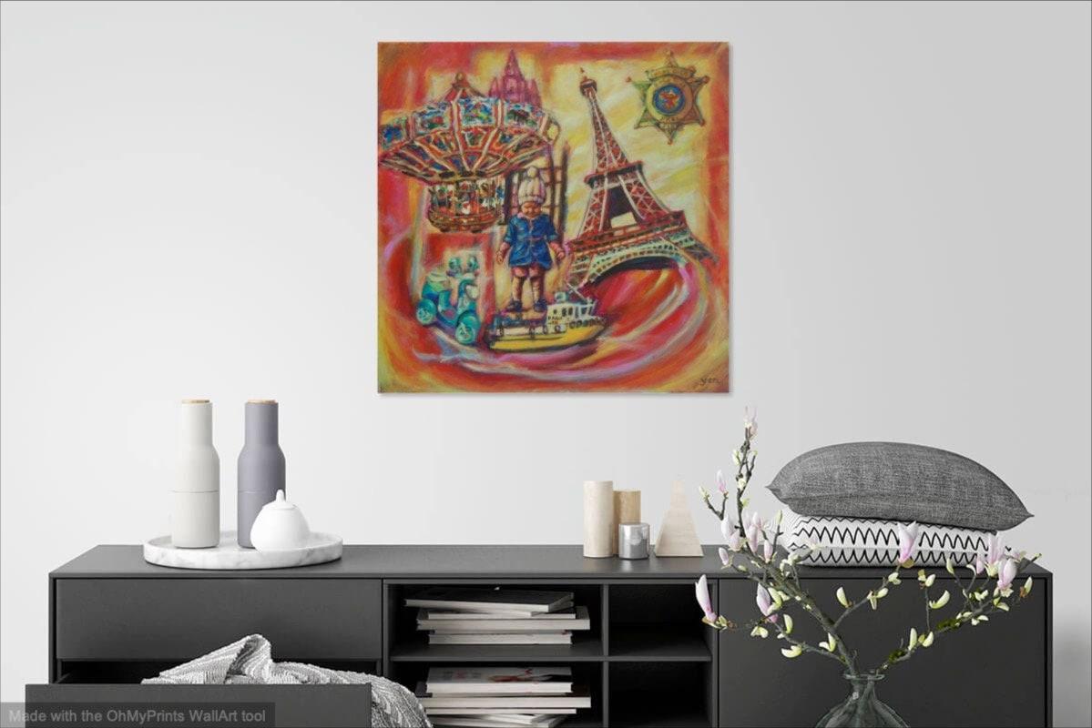 A Boat To Paris - Whimsical Eiffel Tower Painting Art with a child in colorful surreal swirl of vintage toys, carousel in impressionist pink