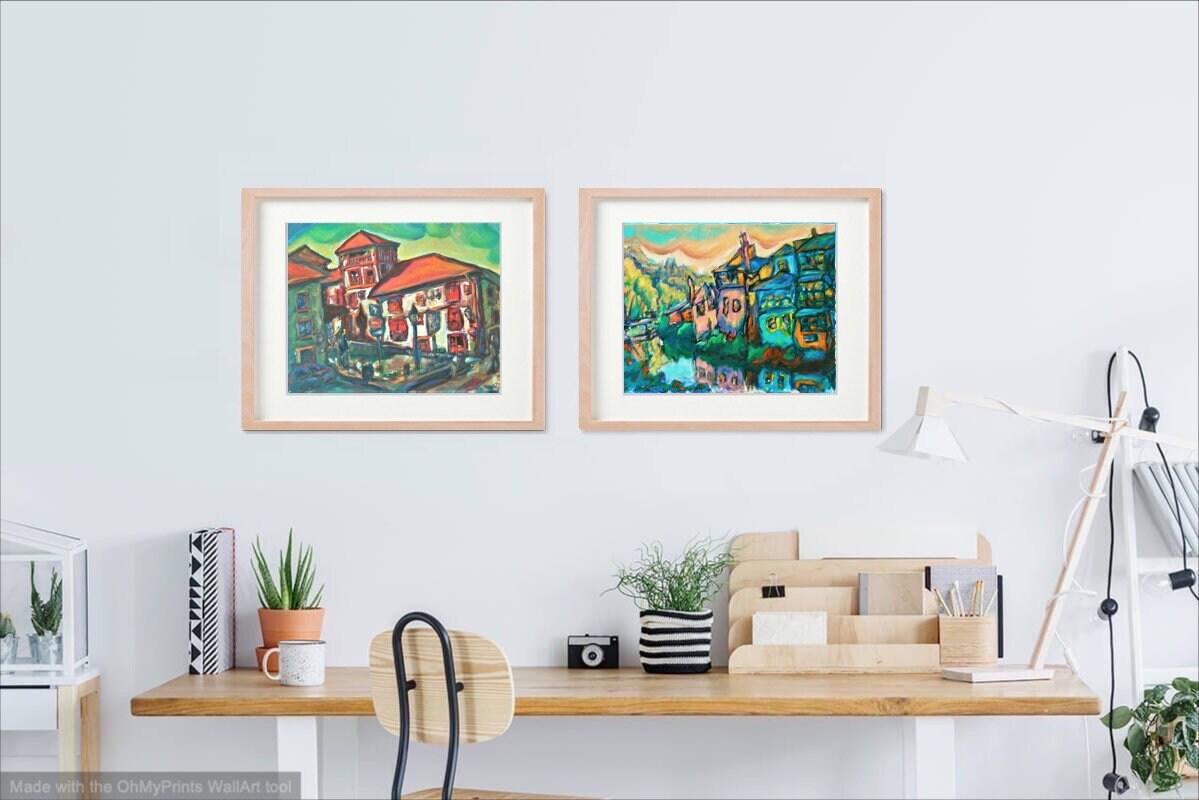 9 Camino de Santiago Art Prints - Picturesque Arrival, Spanish landscape whimsical impressionist paintings of Spain El Camino in Cezanne style