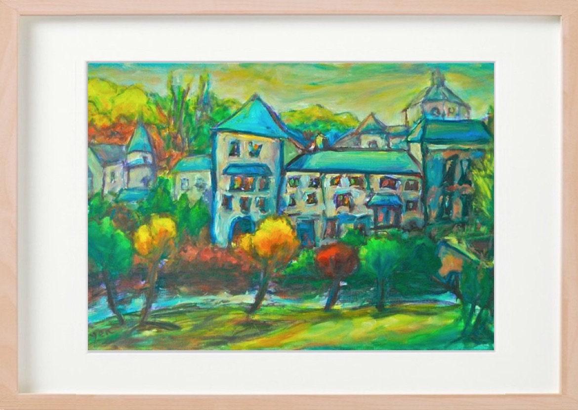 4 El Camino Art Prints - O Cebreiro Spain Village Landscape Paintings with whimsical houses in Galicia on Way of St James for hiker pilgrims