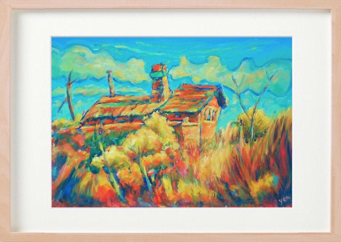 4 El Camino Art Prints - O Cebreiro Spain Village Landscape Paintings with whimsical houses in Galicia on Way of St James for hiker pilgrims