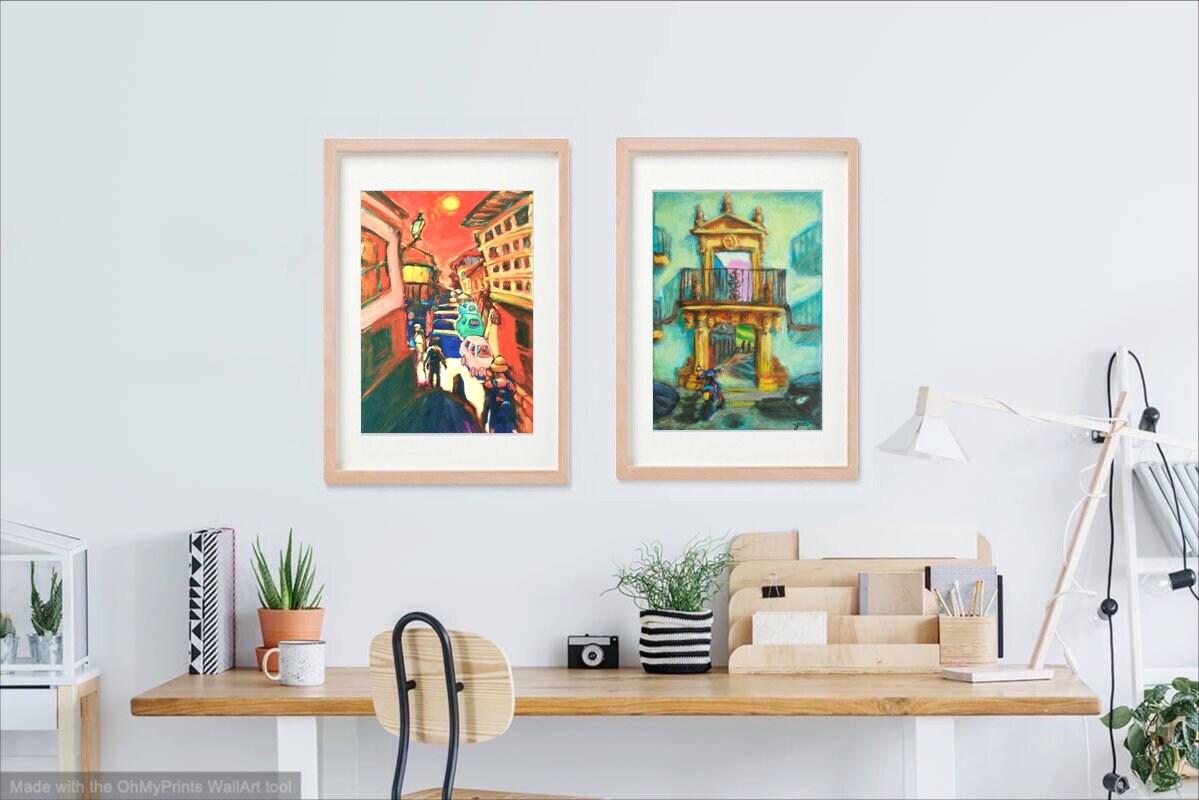 8 Spanish Art Prints - Spain camino de santiago compostela cathedral impressionist paintings of european architecture in surreal Cezanne style