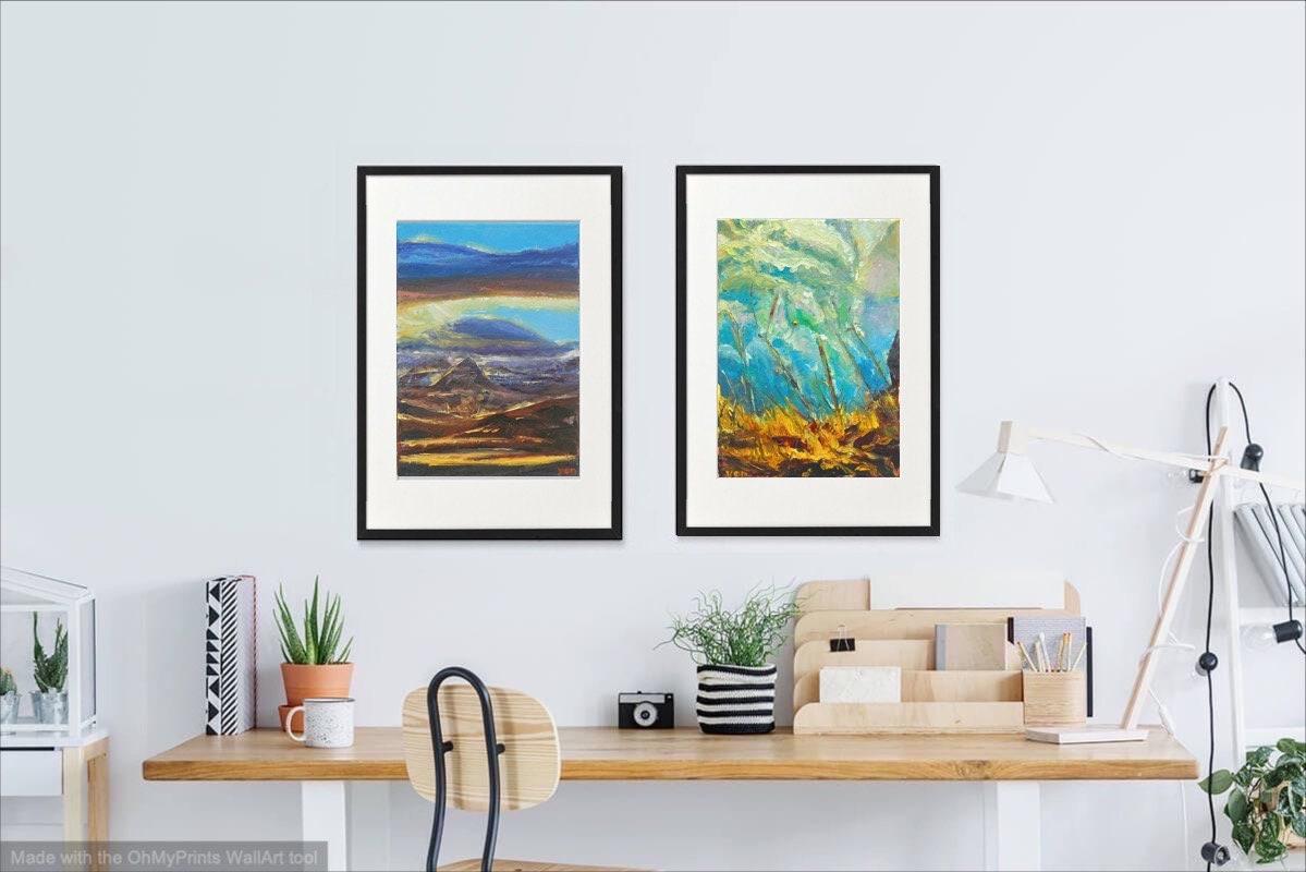 9 Icelandic Painting Art Prints - Serene Reykjavik Iceland city pic w water reflections, clouds sunset and houses in impressionist pastel blue