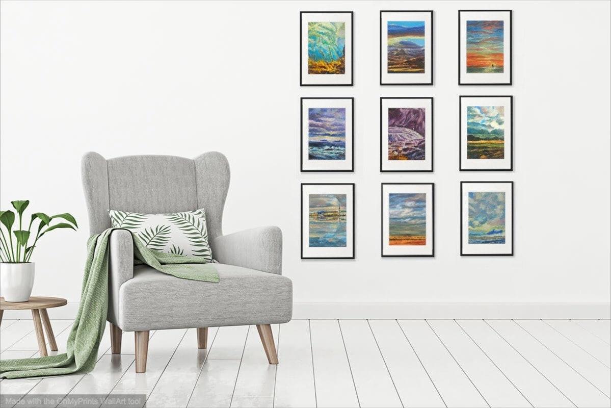 9 Icelandic Painting Art Prints - Serene Reykjavik Iceland city pic w water reflections, clouds sunset and houses in impressionist pastel blue